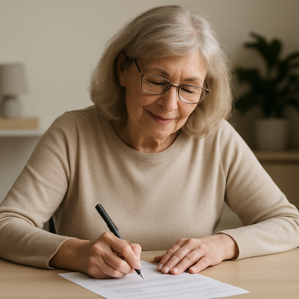 En kvinna runt 67 år gammal fyller i ett formulär framåtlutad vid ett skrivbord